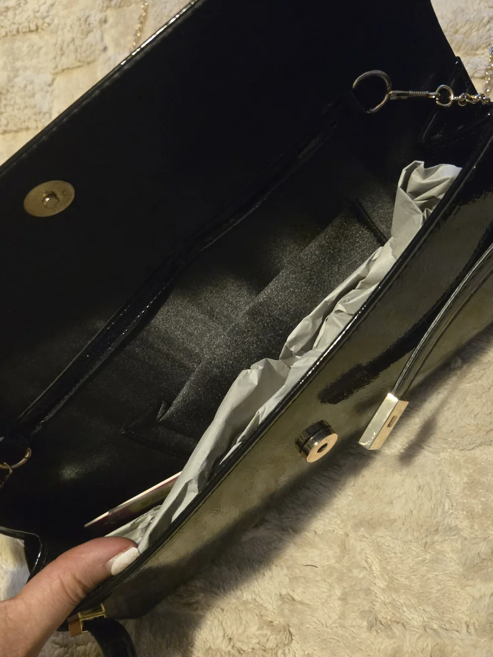 Black Patent Leather Chain Wristlet Clutch with Gold Hardware